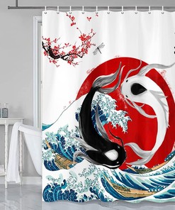 Rustic Great Wave Red Cherry Floral Bath Decor Koi Fish Shower Curtain, Waterproof Fabric Artwork for Japanese Bathroom
