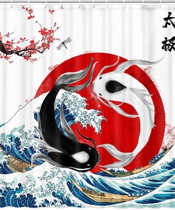 Rustic Great Wave Red Cherry Floral Bath Decor Koi Fish Shower Curtain, Waterproof Fabric Artwork for Japanese Bathroom