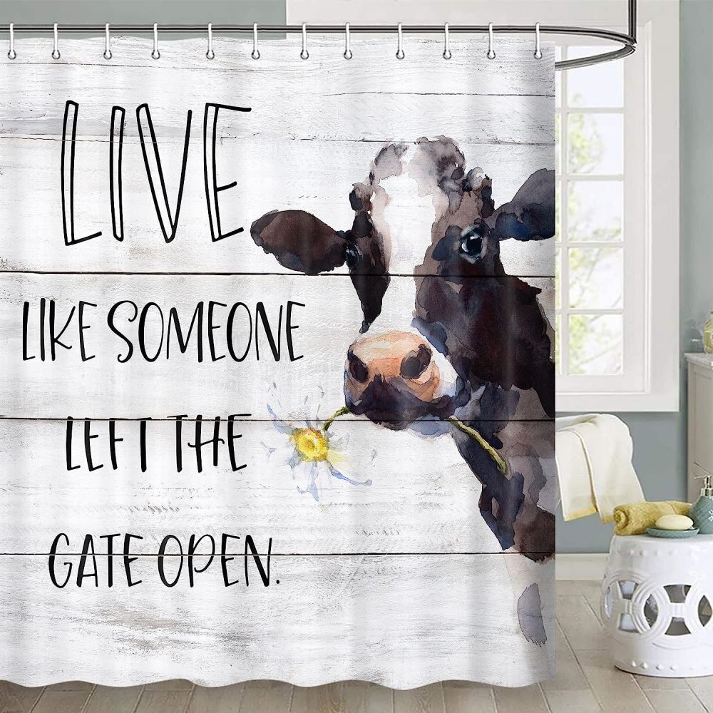 Rustic Grey Bathroom Decor With Cow Flower Letters Fabric Shower Curtain And Waterproof Material