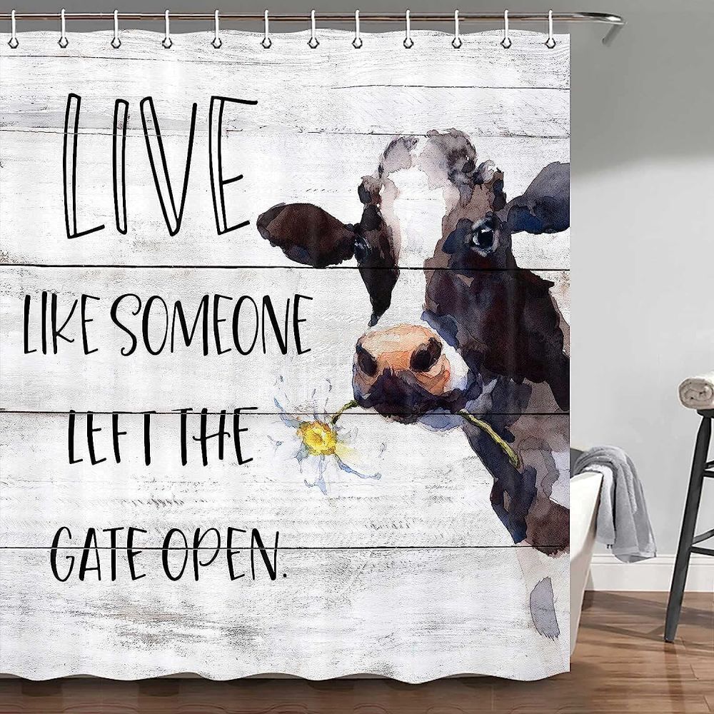 Rustic Grey Bathroom Decor With Cow Flower Letters Fabric Shower Curtain And Waterproof Material - Image 2