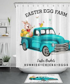 Rustic Grey Board Blue Truck Funny Rabbit Shower Curtain For Bathroom Decor