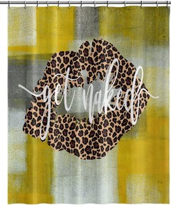 Rustic Grunge Backdrop Shower Curtain with Sexy Girl, Leopard Lips Print, and Yellow Gray for Farmhouse Bathroom Decor