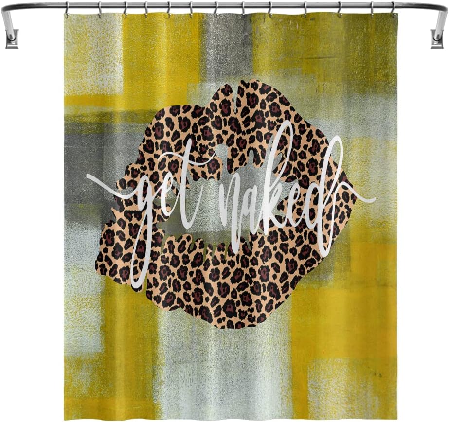 Rustic Grunge Backdrop Shower Curtain with Sexy Girl, Leopard Lips Print, and Yellow Gray for Farmhouse Bathroom Decor