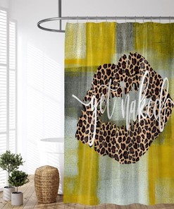 Rustic Grunge Backdrop Shower Curtain with Sexy Girl, Leopard Lips Print, and Yellow Gray for Farmhouse Bathroom Decor