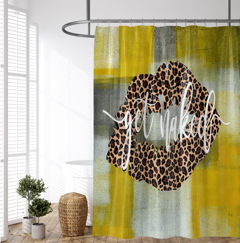 Rustic Grunge Backdrop Shower Curtain with Sexy Girl, Leopard Lips Print, and Yellow Gray for Farmhouse Bathroom Decor