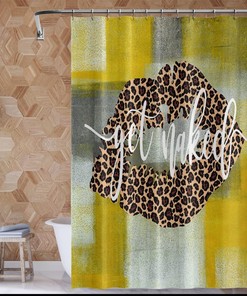 Rustic Grunge Backdrop Shower Curtain with Sexy Girl, Leopard Lips Print, and Yellow Gray for Farmhouse Bathroom Decor