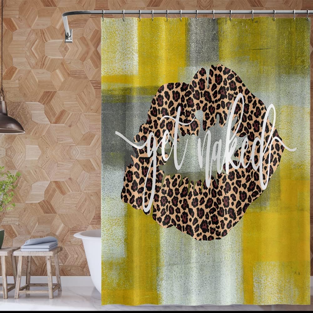 Rustic Grunge Backdrop Shower Curtain with Sexy Girl, Leopard Lips Print, and Yellow Gray for Farmhouse Bathroom Decor
