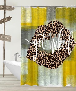 Rustic Grunge Backdrop Shower Curtain with Sexy Girl, Leopard Lips Print, and Yellow Gray for Farmhouse Bathroom Decor