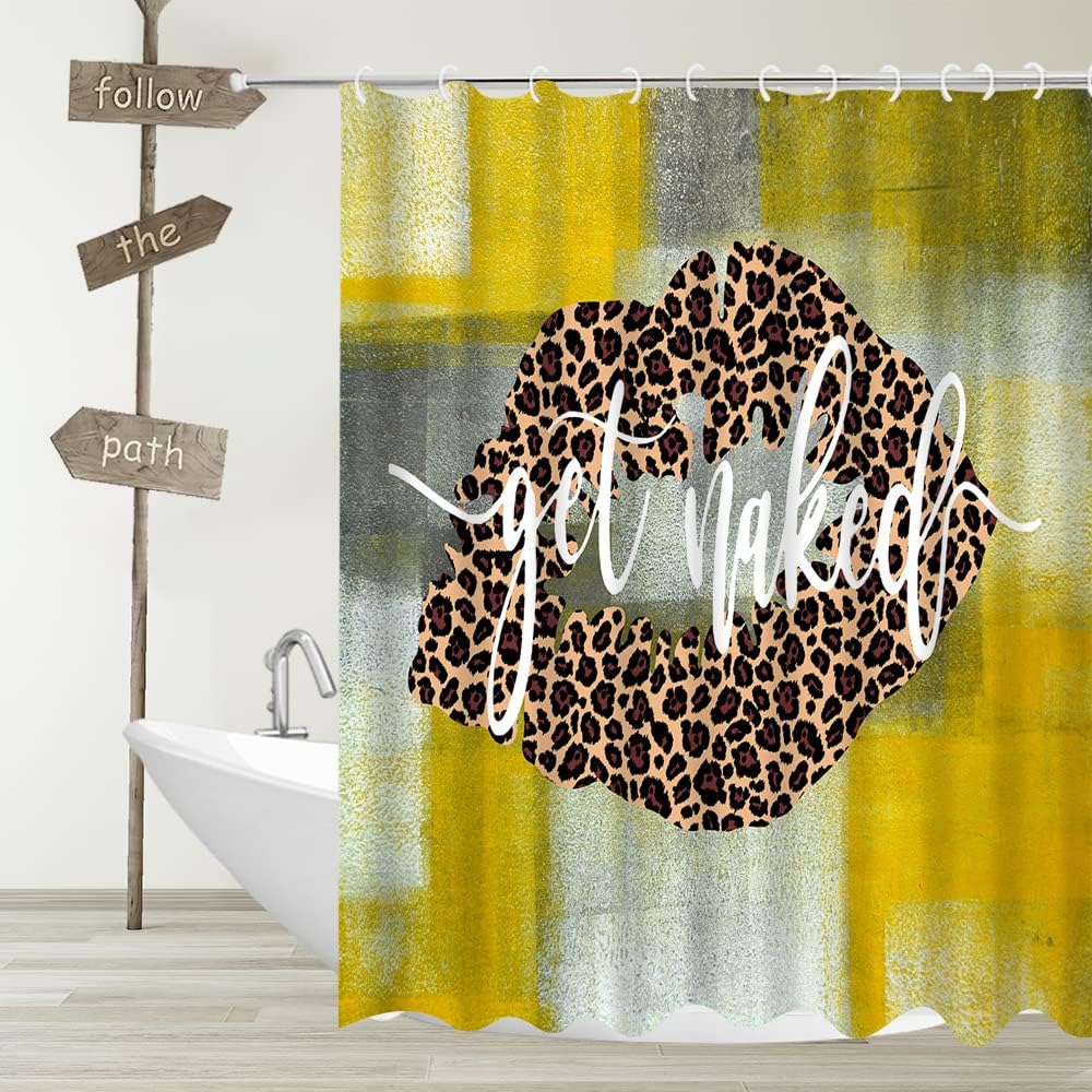 Rustic Grunge Backdrop Shower Curtain with Sexy Girl, Leopard Lips Print, and Yellow Gray for Farmhouse Bathroom Decor