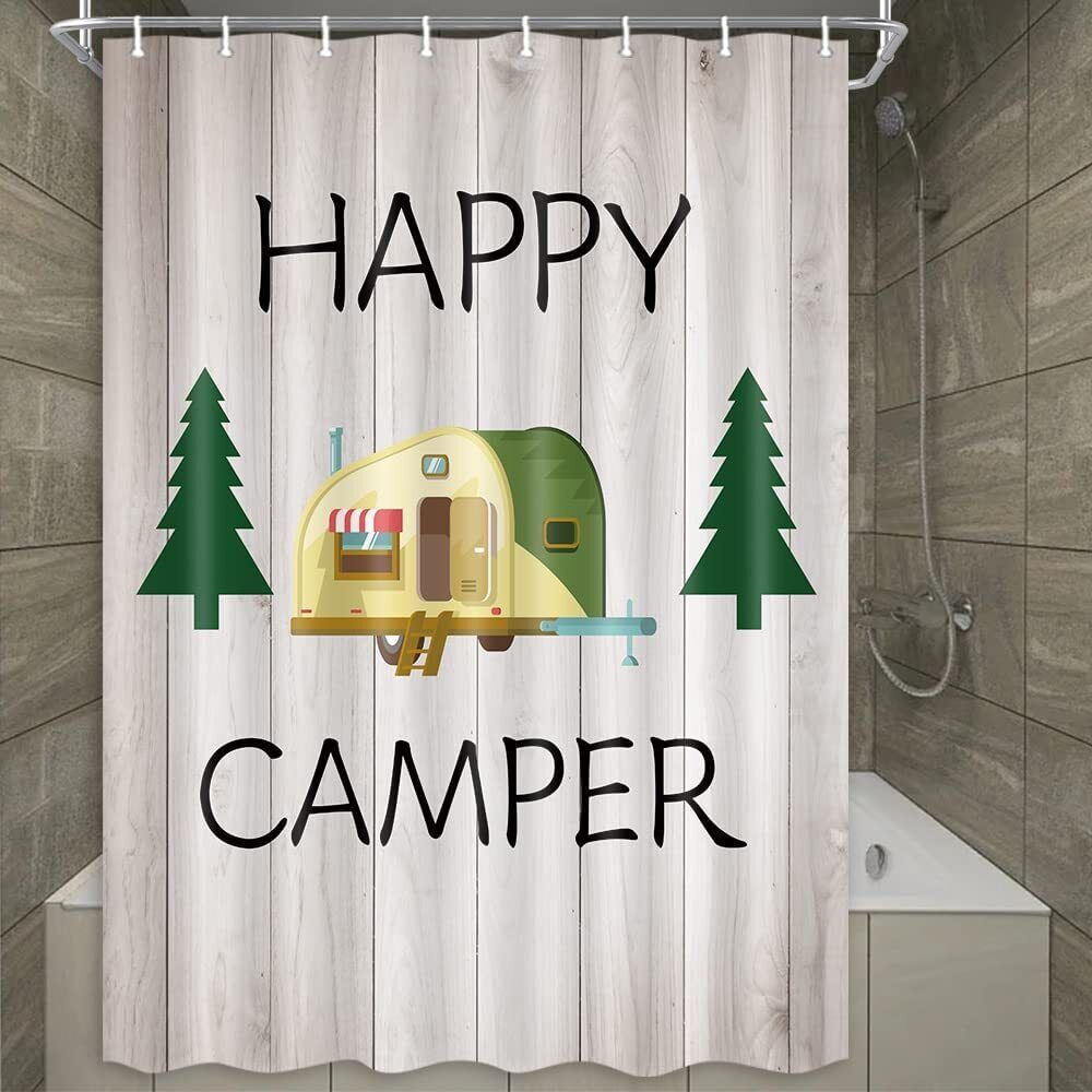 Rustic Happy Camper Wall Wood Tree Shower Curtain for Bathroom