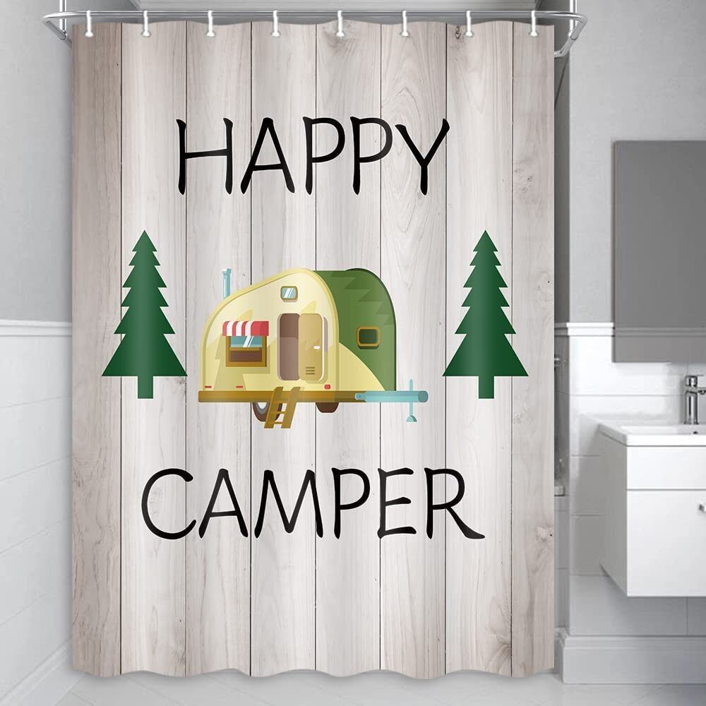 Rustic Happy Camper Wall Wood Tree Shower Curtain for Bathroom