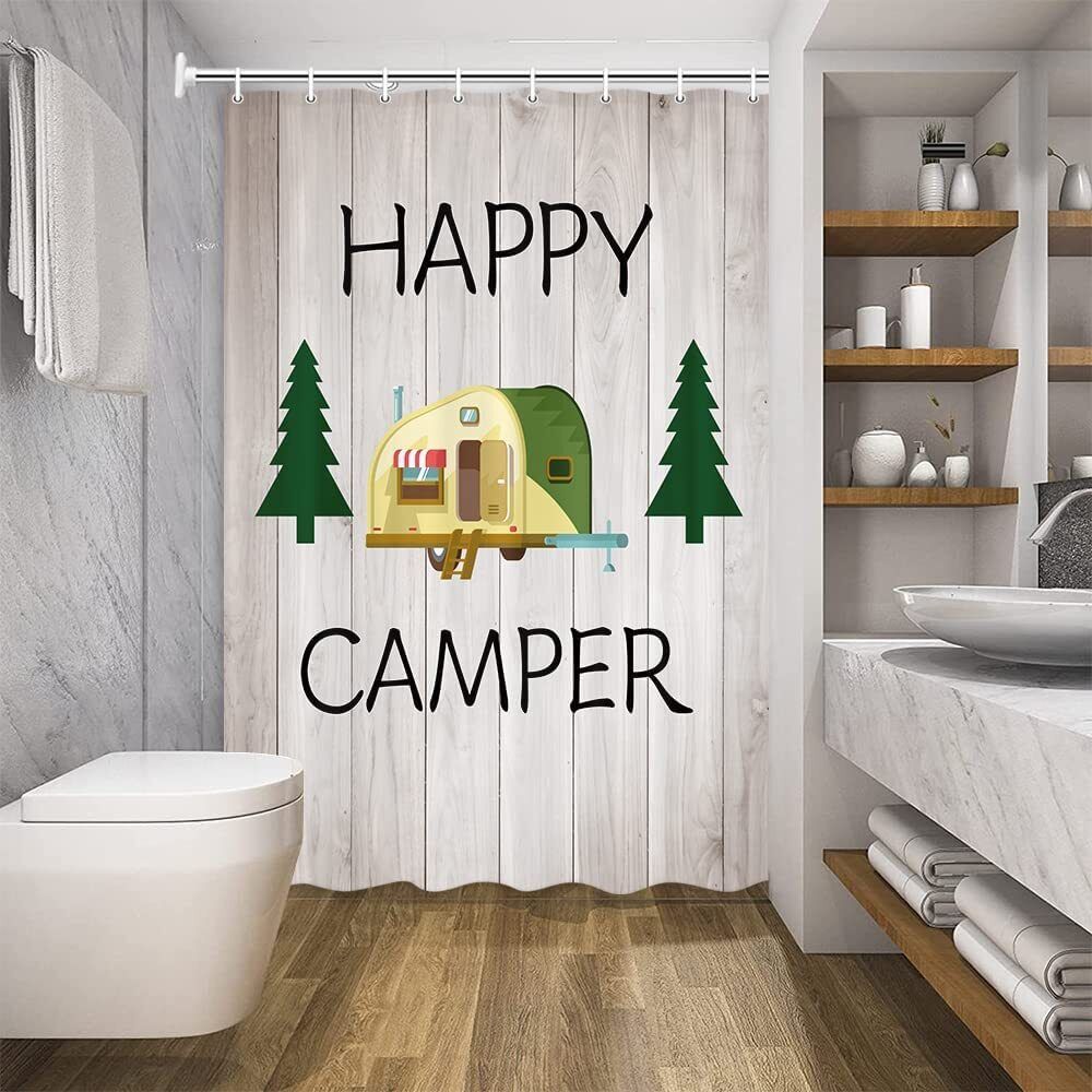 Rustic Happy Camper Wall Wood Tree Shower Curtain for Bathroom