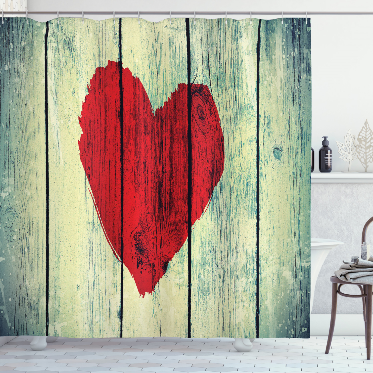 Rustic Heart Symbol Wooden Wall Print Shower Curtain for Bathroom Decor