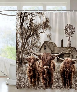 Rustic Highland Cow Shower Curtain - Vintage Farmhouse Bathroom Decor