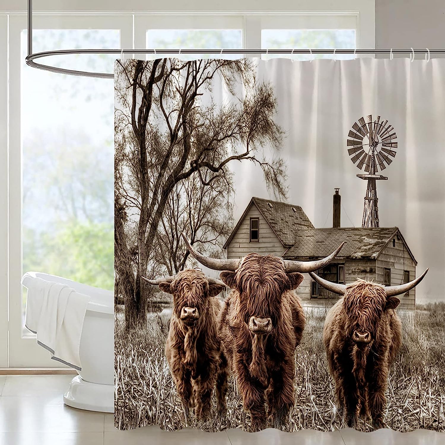 Rustic Highland Cow Shower Curtain - Vintage Farmhouse Bathroom Decor