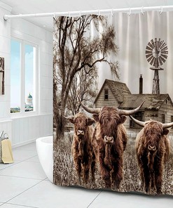 Rustic Highland Cow Shower Curtain - Vintage Farmhouse Bathroom Decor