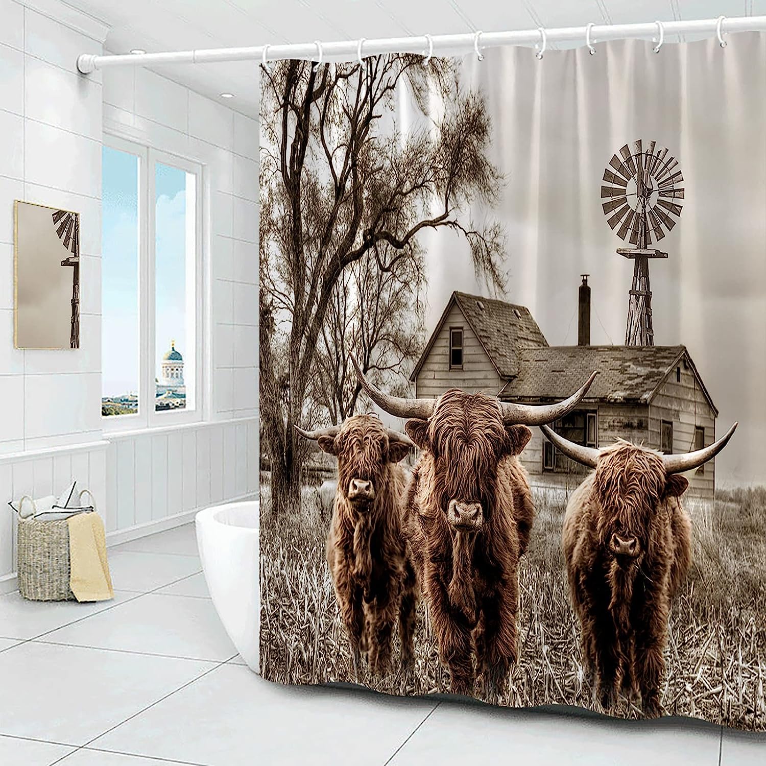 Rustic Highland Cow Shower Curtain - Vintage Farmhouse Bathroom Decor