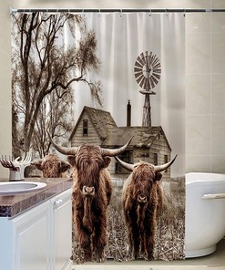 Rustic Highland Cow Shower Curtain - Vintage Farmhouse Bathroom Decor