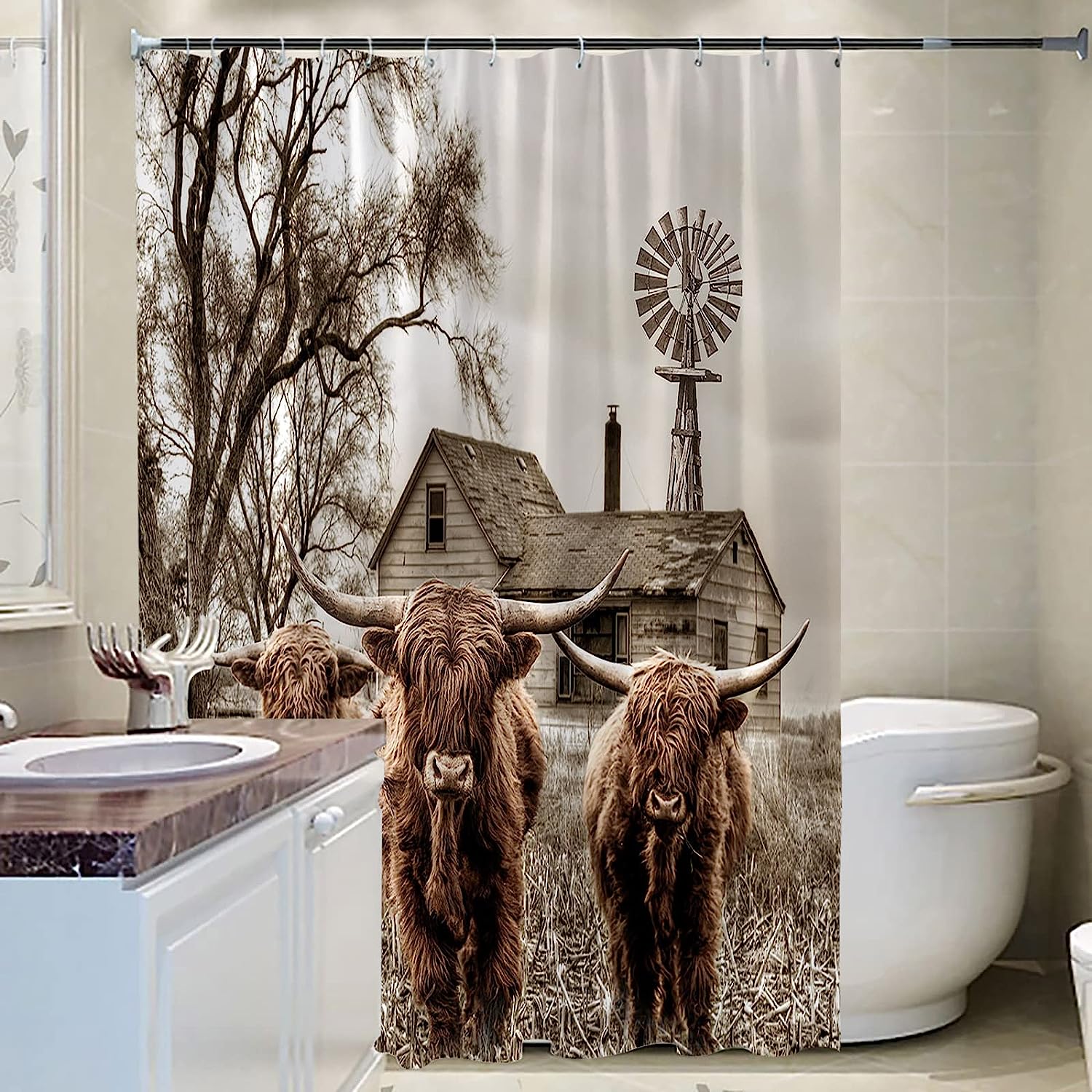 Rustic Highland Cow Shower Curtain - Vintage Farmhouse Bathroom Decor