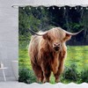 Rustic Highland Cow Shower Curtain With Wildlife And Scenery Print