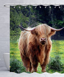 Rustic Highland Cow Shower Curtain With Wildlife And Scenery Print