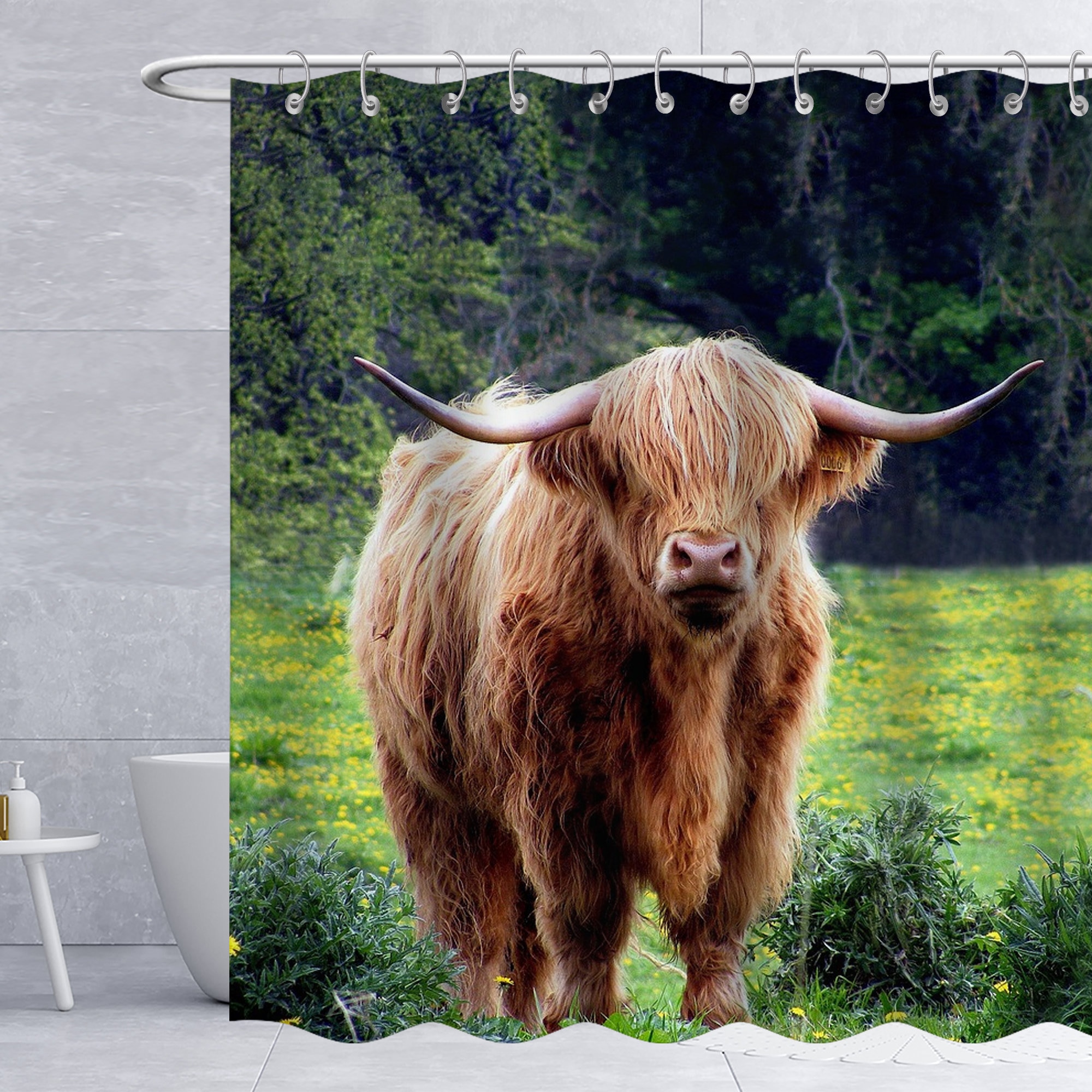 Rustic Highland Cow Shower Curtain With Wildlife And Scenery Print