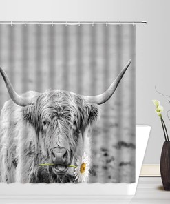 Rustic Highland Cow with Daisy Flowers Shower Curtain for Farmhouse Bathroom Decor
