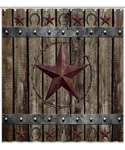 Rustic Horseshoe Shower Curtain - Wooden Board Bathroom Decor with Texas Star and Horseshoe Prints