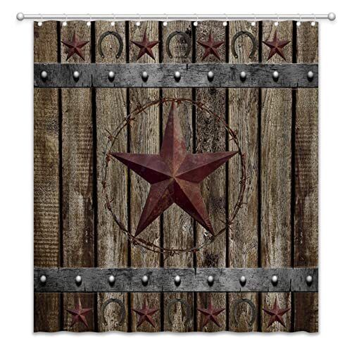 Rustic Horseshoe Shower Curtain - Wooden Board Bathroom Decor with Texas Star and Horseshoe Prints