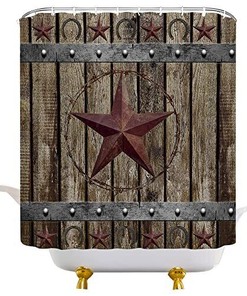 Rustic Horseshoe Shower Curtain - Wooden Board Bathroom Decor with Texas Star and Horseshoe Prints