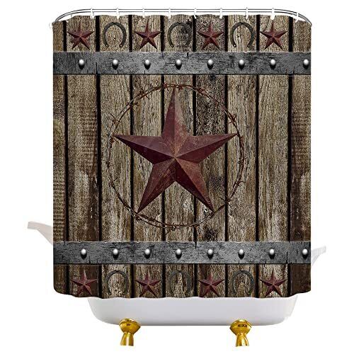 Rustic Horseshoe Shower Curtain - Wooden Board Bathroom Decor with Texas Star and Horseshoe Prints