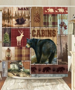Rustic Hunting Bear Shower Curtain - Country Wildlife Cabin Theme Bath Decor