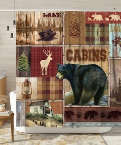Rustic Hunting Bear Shower Curtain - Country Wildlife Cabin Theme Bath Decor