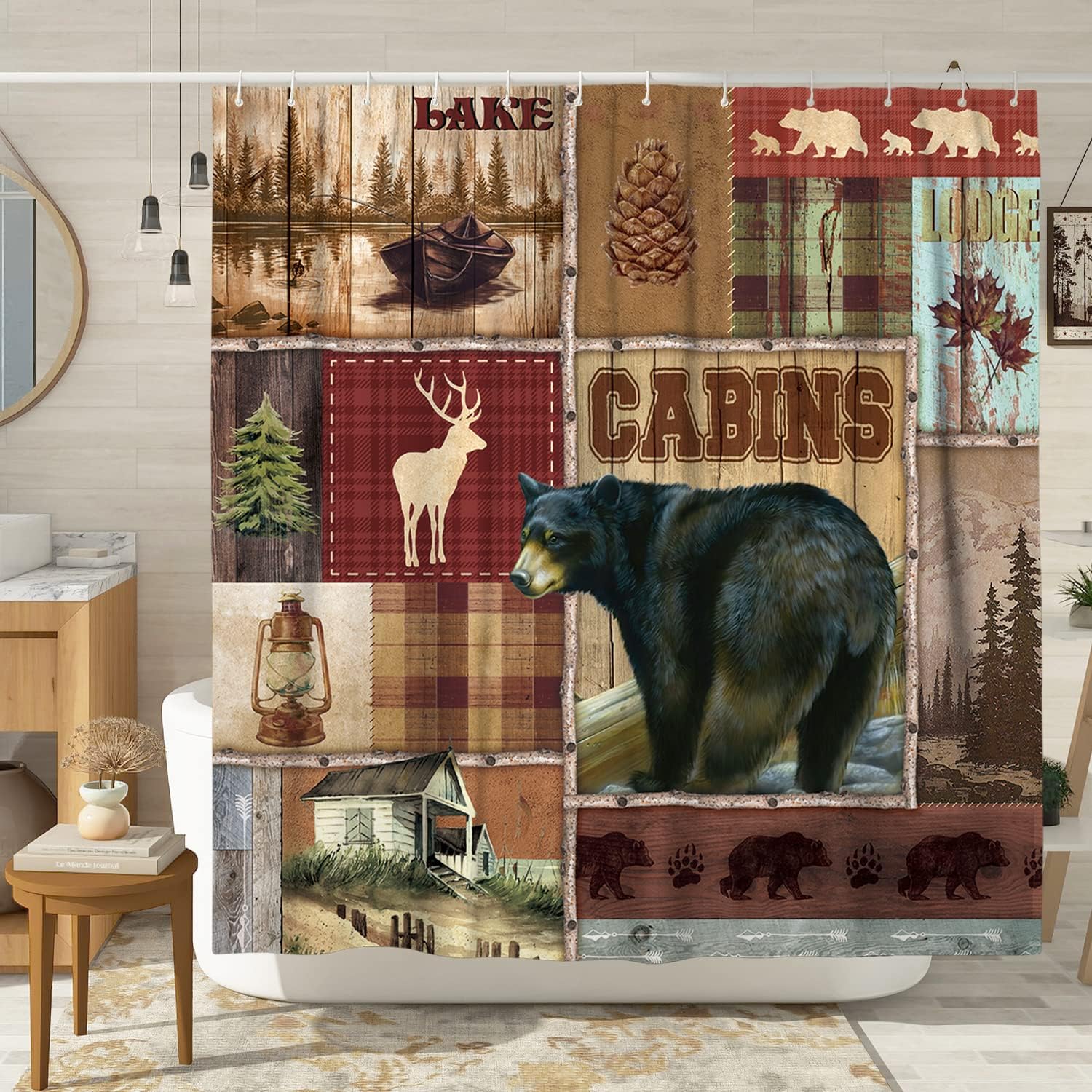 Rustic Hunting Bear Shower Curtain - Country Wildlife Cabin Theme Bath Decor
