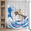 Rustic Japanese Wave Shower Curtain with Funny Cat Dinosaur Skeleton and Vintage Wooden Board Design
