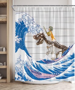 Rustic Japanese Wave Shower Curtain with Funny Cat Dinosaur Skeleton and Vintage Wooden Board Design