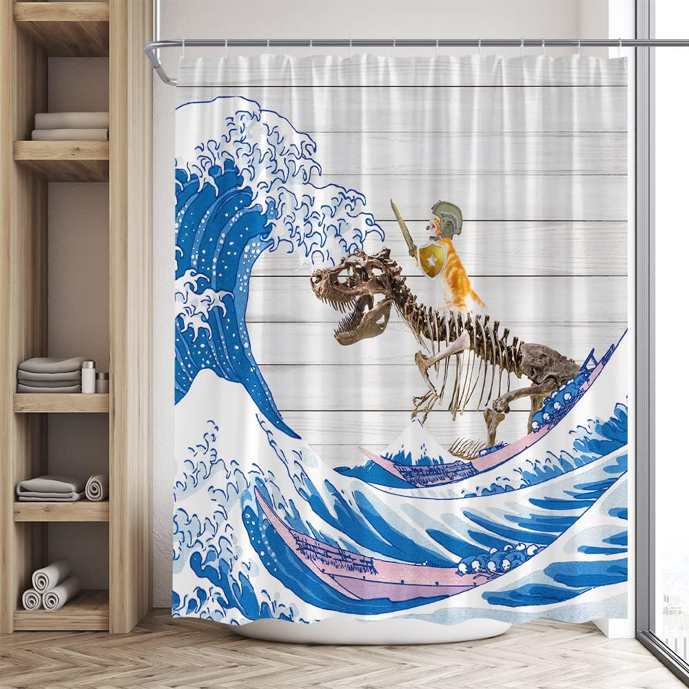 Rustic Japanese Wave Shower Curtain with Funny Cat Dinosaur Skeleton and Vintage Wooden Board Design