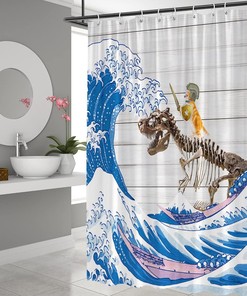 Rustic Japanese Wave Shower Curtain with Funny Cat Dinosaur Skeleton and Vintage Wooden Board Design