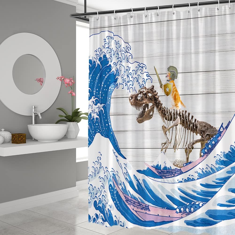 Rustic Japanese Wave Shower Curtain with Funny Cat Dinosaur Skeleton and Vintage Wooden Board Design