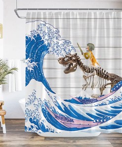 Rustic Japanese Wave Shower Curtain with Funny Cat Dinosaur Skeleton and Vintage Wooden Board Design