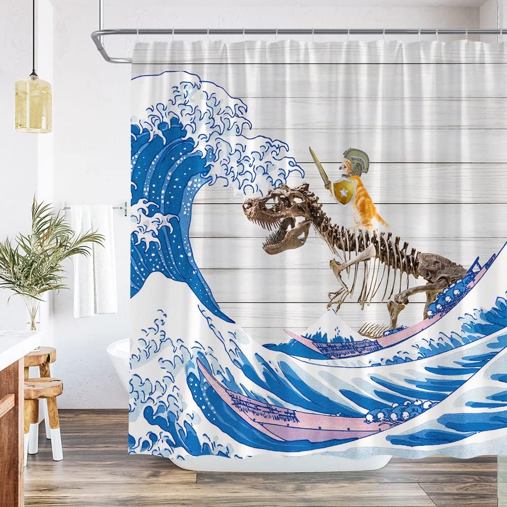 Rustic Japanese Wave Shower Curtain with Funny Cat Dinosaur Skeleton and Vintage Wooden Board Design