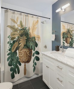 Rustic Jungle Leaves Macrame Shower Curtain, Bohemian Bathroom Decor