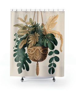 Rustic Jungle Leaves Macrame Shower Curtain, Bohemian Bathroom Decor
