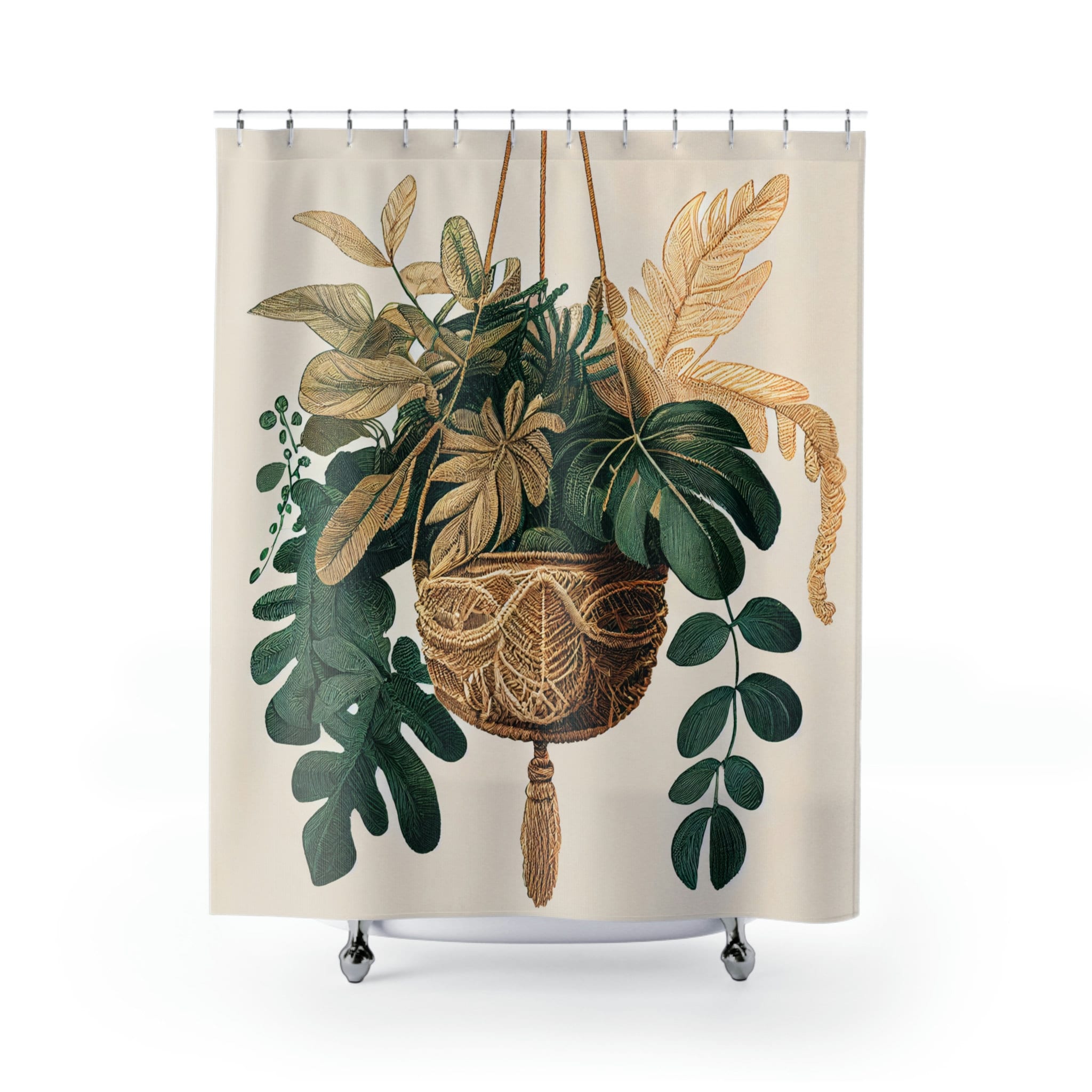 Rustic Jungle Leaves Macrame Shower Curtain, Bohemian Bathroom Decor