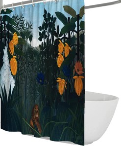 Rustic Jungle Oil Painting Bath Curtain With Henri Rousseau Wild Animal Design