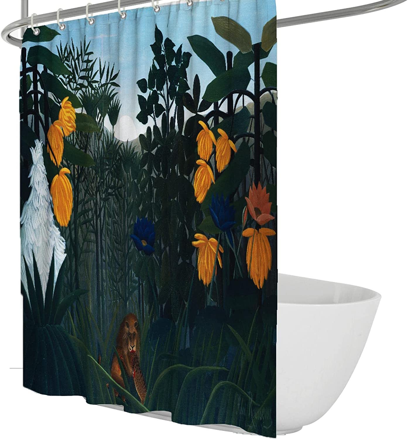 Rustic Jungle Oil Painting Bath Curtain With Henri Rousseau Wild Animal Design