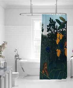 Rustic Jungle Oil Painting Bath Curtain With Henri Rousseau Wild Animal Design
