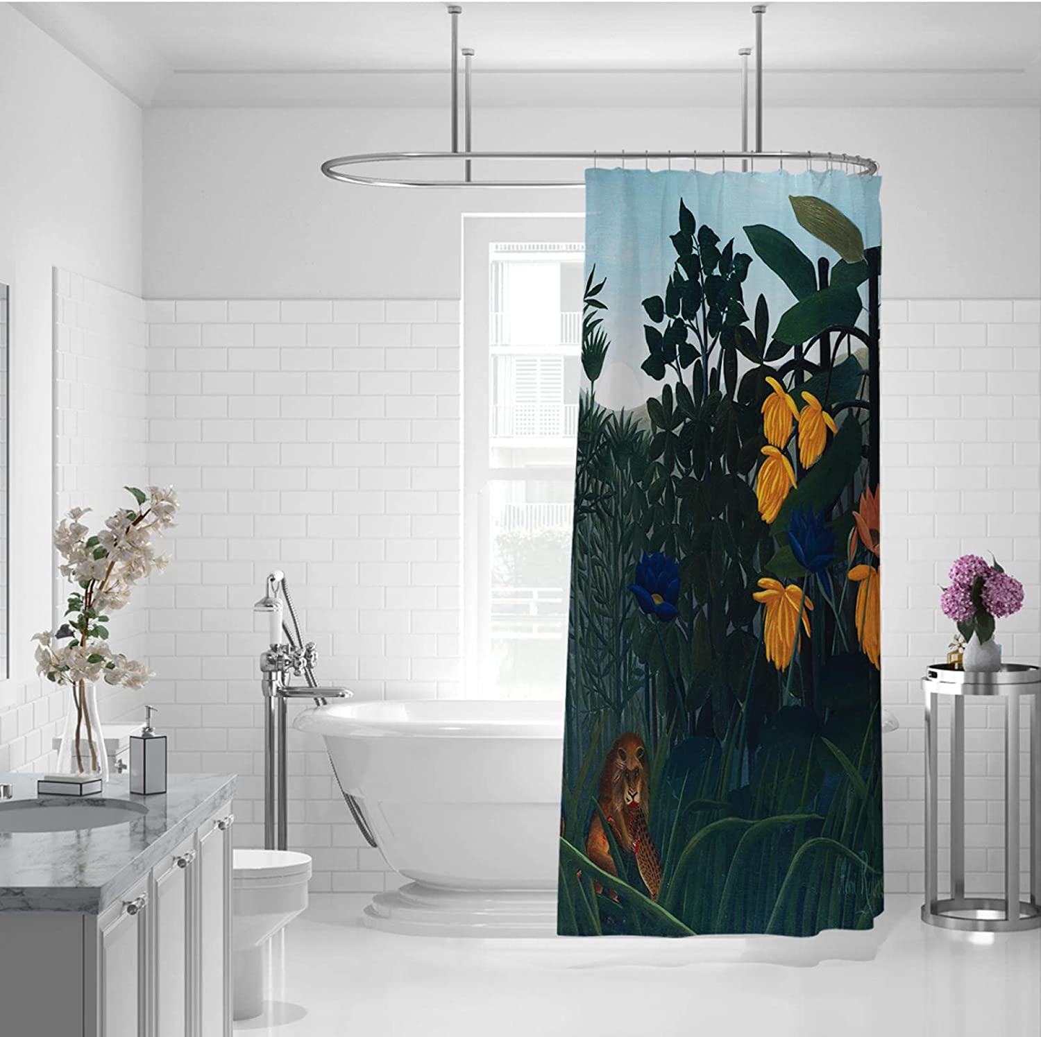 Rustic Jungle Oil Painting Bath Curtain With Henri Rousseau Wild Animal Design