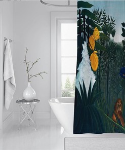 Rustic Jungle Oil Painting Bath Curtain With Henri Rousseau Wild Animal Design