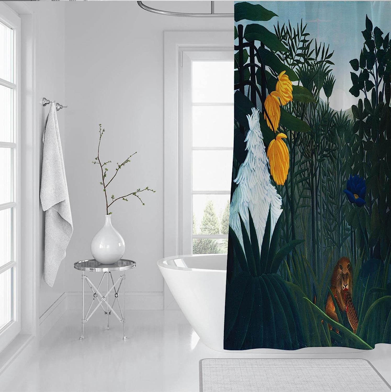 Rustic Jungle Oil Painting Bath Curtain With Henri Rousseau Wild Animal Design
